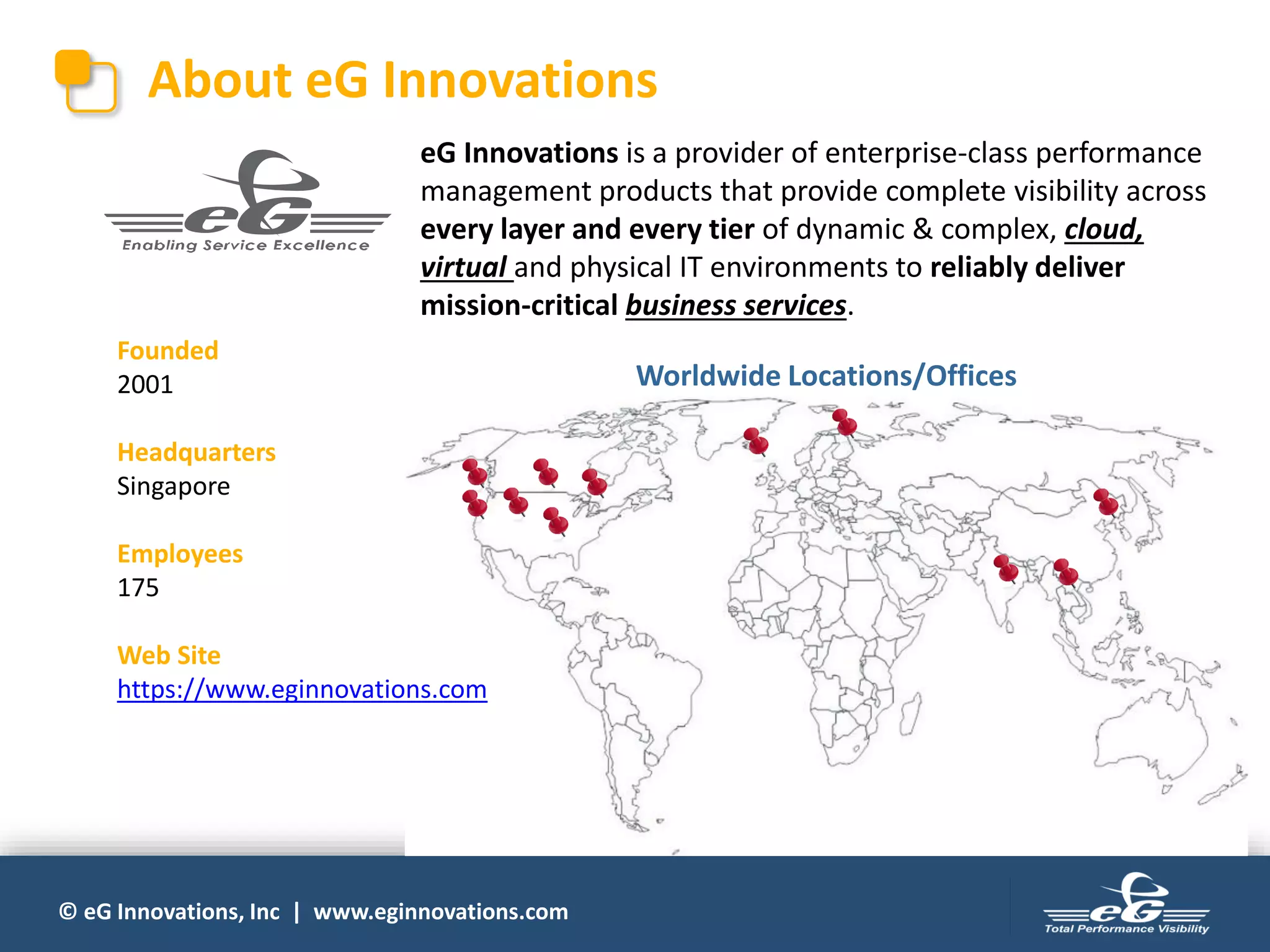 © eG Innovations, Inc | www.eginnovations.com
About eG Innovations
eG Innovations is a provider of enterprise-class performance
management products that provide complete visibility across
every layer and every tier of dynamic & complex, cloud,
virtual and physical IT environments to reliably deliver
mission-critical business services.
Founded
2001
Headquarters
Singapore
Employees
175
Web Site
https://www.eginnovations.com
Worldwide Locations/Offices
 