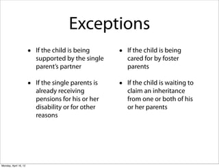 Exceptions
                       •   If the child is being      •   If the child is being
                           supported by the single        cared for by foster
                           parent’s partner               parents

                       •   If the single parents is   •   If the child is waiting to
                           already receiving              claim an inheritance
                           pensions for his or her        from one or both of his
                           disability or for other        or her parents
                           reasons




Monday, April 16, 12
 