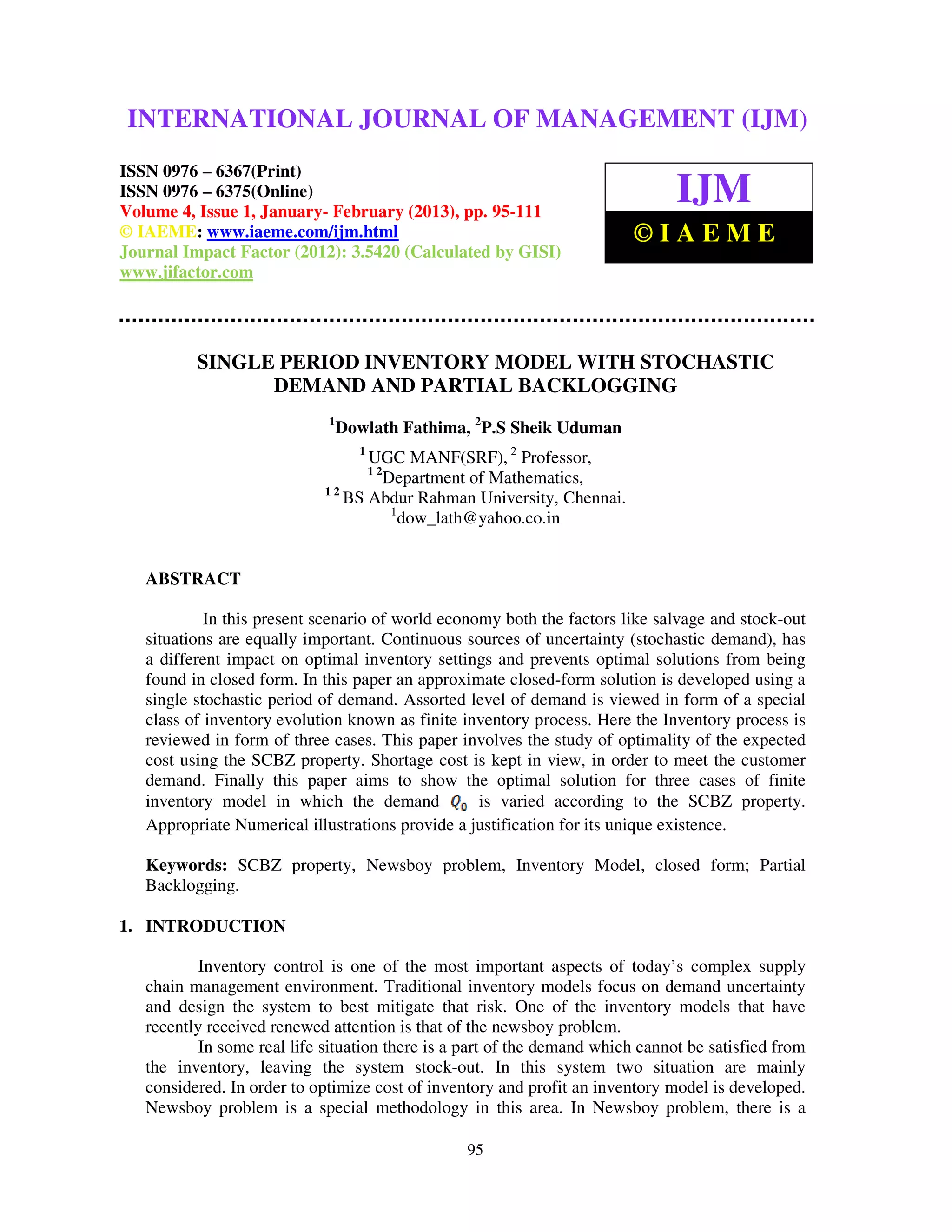Single period inventory model with stochastic demand and partial ...