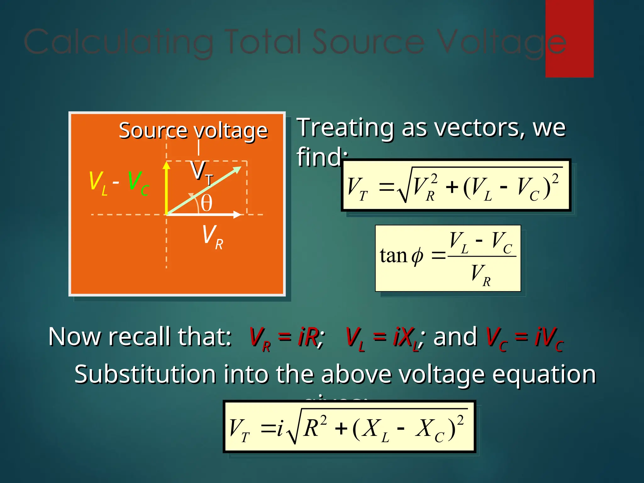 Calculating Total Source Voltage

VR
VL - VC
V
VT
T
Source voltage
Source voltage Treating as vectors, we
Treating as vectors, we
find:
find:
2 2
( )
T R L C
V V V V
  
tan L C
R
V V
V



Now recall that:
Now recall that: V
VR
R = iR
= iR;
; V
VL
L = iX
= iXL
L;
; and
and V
VC
C = iV
= iVC
C
Substitution into the above voltage equation
Substitution into the above voltage equation
gives:
gives:
2 2
( )
T L C
V i R X X
  
 