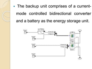  The backup unit comprises of a current-
mode controlled bidirectional converter
and a battery as the energy storage unit.
 