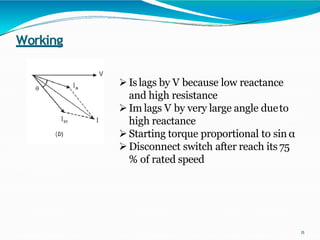 Working
11
Islags by V because low reactance
and high resistance
Im lags V by very large angle dueto
high reactance
Starting torque proportional to sin α
Disconnect switch after reach its 75
% of rated speed
 
