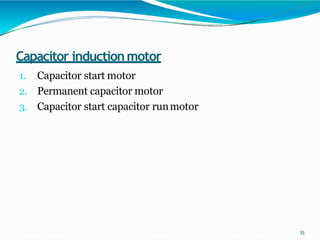 Capacitor inductionmotor
1. Capacitor start motor
2. Permanent capacitor motor
3. Capacitor start capacitor runmotor
15
 