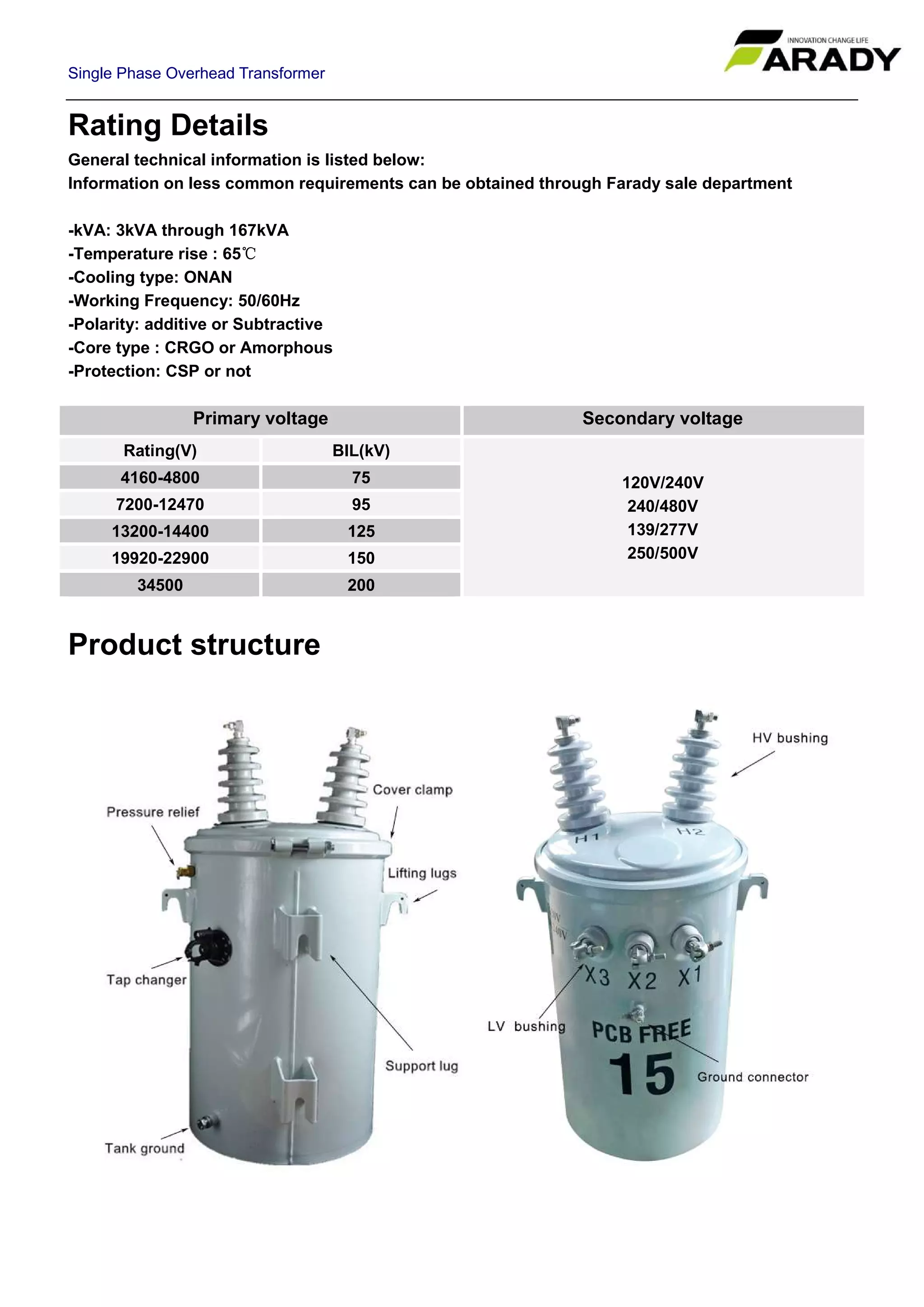 Single Phase Overhead Transformer
Rating Details
General technical information is listed below:
Information on less common requirements can be obtained through Farady sale department
-kVA: 3kVA through 167kVA
-Temperature rise : 65℃
-Cooling type: ONAN
-Working Frequency: 50/60Hz
-Polarity: additive or Subtractive
-Core type : CRGO or Amorphous
-Protection: CSP or not
Primary voltage Secondary voltage
Rating(V) BIL(kV)
120V/240V
240/480V
139/277V
250/500V
4160-4800 75
7200-12470 95
13200-14400 125
19920-22900 150
34500 200
Product structure
 