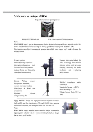 5. Main new advantages of RCW
High reliable manual opening device
Visible ON/OFF indicator IP64 class waterproof plug connector
Note:
ROCKWIILL Supply special design manual closing device technology with own patent,It applied for
nomal and abnormal situation closing. Its closing speed(time) comply with IEC62271-100.
This function can offset from magnetic actuator fault which when ctuator can’t work will cause the
major accident..
----------------------------------------------------------------------------------------------------------------------
Primacy incomer
terminal(directly connect to
interrupter reduce power lost)
Current transformer(external
modular design easy for quality
control and maintenance)
Vacuum interrupter(Adopt the
APG technology with external
silicone rubber mold pressure
covering, increasing the whole
insulation and weathering
performance)
----------------------------------------------------------------------------------------------------------------------
Internal Voltage sensors
incorporated within the
vacuum interrupter module
Source-side or Load side
connections
Eliminate external
voltage-sensing PTs
Shielded 4-conductor cable
connection
Magnitude Accuracy: ±2.0%
Phase Accuracy:±1.5 %
Voltage Sensor Ratio:500/1 or
1000/1
----------------------------------------------------------------------------------------------------------------------
Apply ANSOFT design the high performance magnetic actuator,
high reliable and free maintenance. Through 35,000 times opening
reverse excitation test, the demagnetization rate less than 1%.
Note:
ROCKWIILL supply special patent modular design mono-stable
type magnetic actuator with two coils controlling.Its the best design
for vacuum circuit breaker.
 