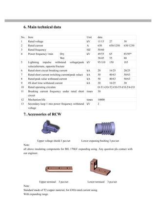 6. Main technical data
No. Item Unit data
1 Rated voltage kV 11/15 27 38
2 Rated current A 630 630/1250 630/1250
3 Rated frequency HZ 50/60
Dry 49/55 65 85/95*4 Power frequency 1min
Wet
kV
38/45 55 80
5 Lightning impulse withstand voltage(peak
value)alternate, opposite/fracture
kV 95/110 150 185
6 Rated short circuit breaking current kA 20 16/25 20/25
7 Rated short current switching current(peak value) kA 50 40/63 50/63
8 Rated peak value withstand current kA 50 40/63 50/63
9 4S short time withstand current kA 20 16/25 20
10 Rated operating circulate O-T1-CO-T2-CO-T3-CO-T4-CO
11 Breaking current frequency under rated short
circuit
times 30
12 Mechanism life times 10000
13 Secondary loop 1 min power frequency withstand
voltage
kV 2
7. Accessories of RCW
Upper voltage shield 3 pcs/set Lower expaning bushing 3 pcs/set
Note:
all above insulating components for BIL 170kV expanding using. Any question pls contact with
our engineer.
Upper terminal 3 pcs/set Lower termianl 3 pcs/set
Note:
Standard made of T2 copper material, for 630A rated current using.
With expanding range.
 
