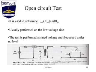 SISTec-e 15
Open circuit Test
•It is used to determine Lm1 (Xm1)andRc1
•Usually performed on the low voltage side
•The test is performed at rated voltage and frequency under
no load
 