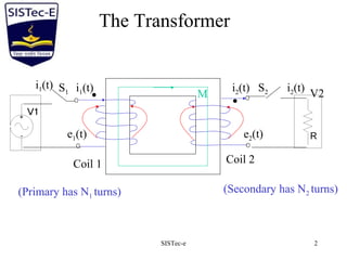 SISTec-e 2
Coil 1
i1(t) i2(t)
Coil 2
M
e1(t) e2(t)
S1 S2
i1(t) i2(t)
The Transformer
(Primary has N1 turns) (Secondary has N2 turns)
V2
 