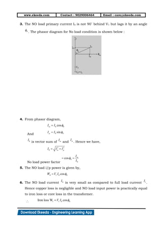 www.ekeeda.com Contact : 9029006464 Email : care@ekeeda.com
3. The NO load primary current Io is not 90˚ behind V1 but lags it by an angle
. The phasor diagram for No load condition is shown below :
4. From phasor diagram,
And
is vector sum of and . Hence we have,
No load power factor
5. The NO load i/p power is given by,
6. The NO load current is very small as compared to full load current .
Hence copper loss is negligible and NO load input power is practically equal
to iron loss or core loss in the transformer.
 