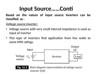 Based on the nature of input source Inverters can be
classified as :
Voltage source inverter:
• Voltage source with very small internal impedance is used as
input of inverter
• This type of inverters find application from few watts to
some MW ratings.
Input Source……Conti
 