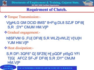 Requirment of Clutch.
Torque Transmission:-
V[gHLG GM DCtD 8MS" 8=Fg:DL8 SZJF DF8[
S,R ;DY" CMJM HM.V[P
Gradual engagement:-
h8SFVM G ,FU[ DF8[ S,R WLZ[vWLZ[ V[U[H
YJM HM.V[P
Heat dissipation:-
S,R DF 3QF6" G[ SFZ6[ H[ pQDF pt5gG YFI
T[G[ AFCZ SF-JF DF8[ S,R ;DY" CMJM
HM.V[P
ITI BHUJ
KACHCHH CoE AUTOMOBILE.MODULE-ABT 06.NAME OF C.I.:B.R.RAVAL
 