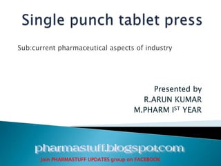 Sub:current pharmaceutical aspects of industry
Presented by
R.ARUN KUMAR
M.PHARM IST YEAR
Join PHARMASTUFF UPDATES group on FACEBOOK
 