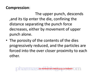 Compression:
The upper punch, descends
,and its tip enter the die, confining the
distance separating the punch force
decreases, either by movement of upper
punch alone.
• The porosity of the contents of the dies
progressively reduced, and the particles are
forced into the over closer proximity to each
other.
Join PHARMASTUFF UPDATES group on FACEBOOK
 