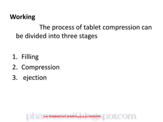 Working
The process of tablet compression can
be divided into three stages
1. Filling
2. Compression
3. ejection
Join PHARMASTUFF UPDATES group on FACEBOOK
 