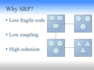 Why SRP?
• Less fragile code
• Low coupling
• High cohesion
17
 