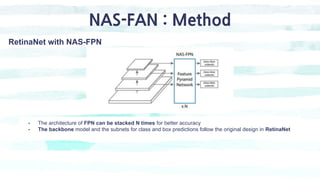 NAS-FAN : Method
- The architecture of FPN can be stacked N times for better accuracy
- The backbone model and the subnets for class and box predictions follow the original design in RetinaNet
RetinaNet with NAS-FPN
 