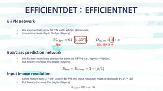 EFFICIENTDET : EFFICIENTNET
BiFPN network
- We exponentially grow BiFPN width Wbifpn (#channels)
- Linearly increase depth Dbifpn (#layers)
Box/class prediction network
- We fix their width to be always the same as BiFPN (i.e., Wpred = Wbifpn)
- But linearly increase the depth (#layers)
채널 깊이, 레이어 수
Input image resolution
- Since feature level 3-7 are used in BiFPN, the input resolution must be dividable by 2^7=128
- But linearly increase the depth (#layers)
 