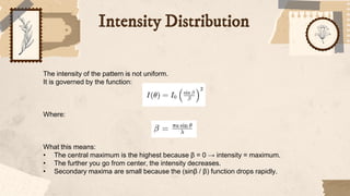 Intensity Distribution
The intensity of the pattern is not uniform.
It is governed by the function:
Where:
What this means:
• The central maximum is the highest because β = 0 → intensity = maximum.
• The further you go from center, the intensity decreases.
• Secondary maxima are small because the (sinβ / β) function drops rapidly.
 