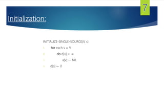 Initialization:
INITIALIZE-SINGLE-SOURCE(V, s)
1. for each v  V
2. do d[v] ← 
3. [v] ← NIL
4. d[s] ← 0
 