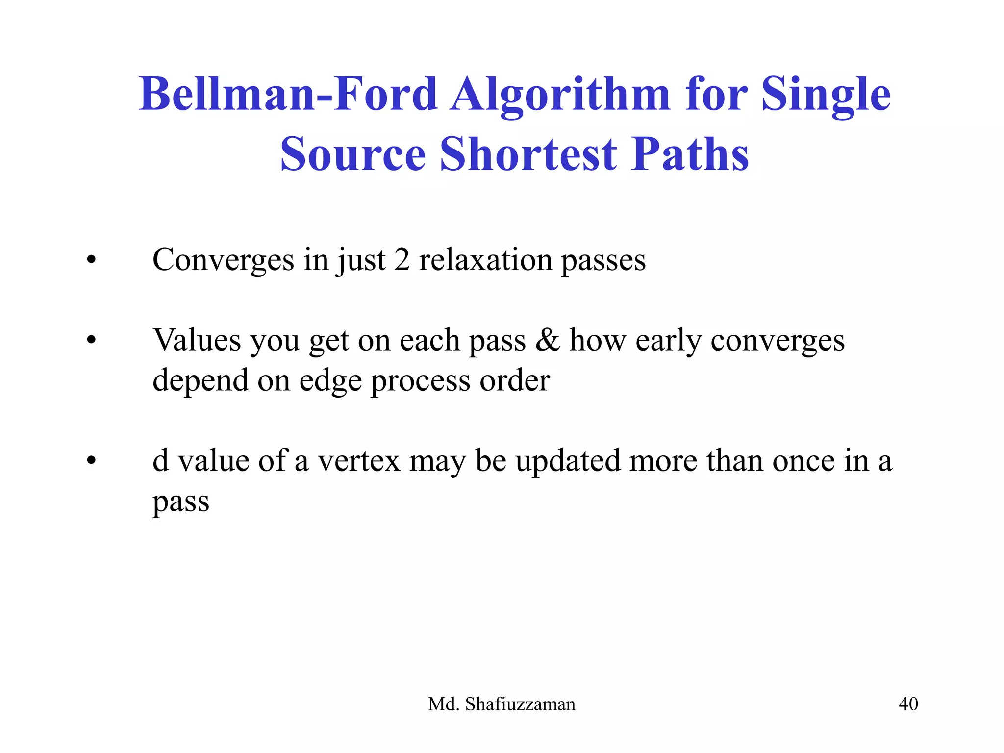 Md. Shafiuzzaman 40
• Converges in just 2 relaxation passes
• Values you get on each pass & how early converges
depend on edge process order
• d value of a vertex may be updated more than once in a
pass
Bellman-Ford Algorithm for Single
Source Shortest Paths
 