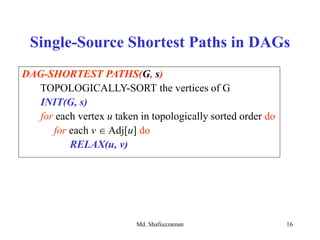 Md. Shafiuzzaman 16
Single-Source Shortest Paths in DAGs
DAG-SHORTEST PATHS(G, s)
TOPOLOGICALLY-SORT the vertices of G
INIT(G, s)
for each vertex u taken in topologically sorted order do
for each v  Adj[u] do
RELAX(u, v)
 