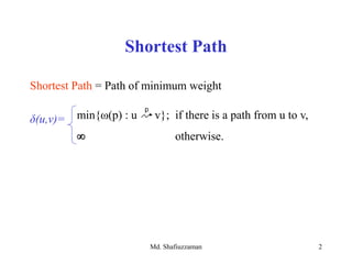 Md. Shafiuzzaman 2
Shortest Path
Shortest Path = Path of minimum weight
δ(u,v)= min{ω(p) : u v}; if there is a path from u to v,
 otherwise.
p
 