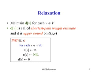 Md. Shafiuzzaman 5
Relaxation
• Maintain d[v] for each v  V
• d[v] is called shortest-path weight estimate
and it is upper bound on δ(s,v)
INIT(G, s)
for each v  V do
d[v] ← ∞
π[v] ← NIL
d[s] ← 0
 