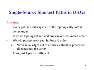 Md. Shafiuzzaman 9
Single-Source Shortest Paths in DAGs
In a dag:
• Every path is a subsequence of the topologically sorted
vertex order
• If we do topological sort and process vertices in that order
• We will process each path in forward order
 Never relax edges out of a vertex until have processed
all edges into the vertex
• Thus, just 1 pass is sufficient
 