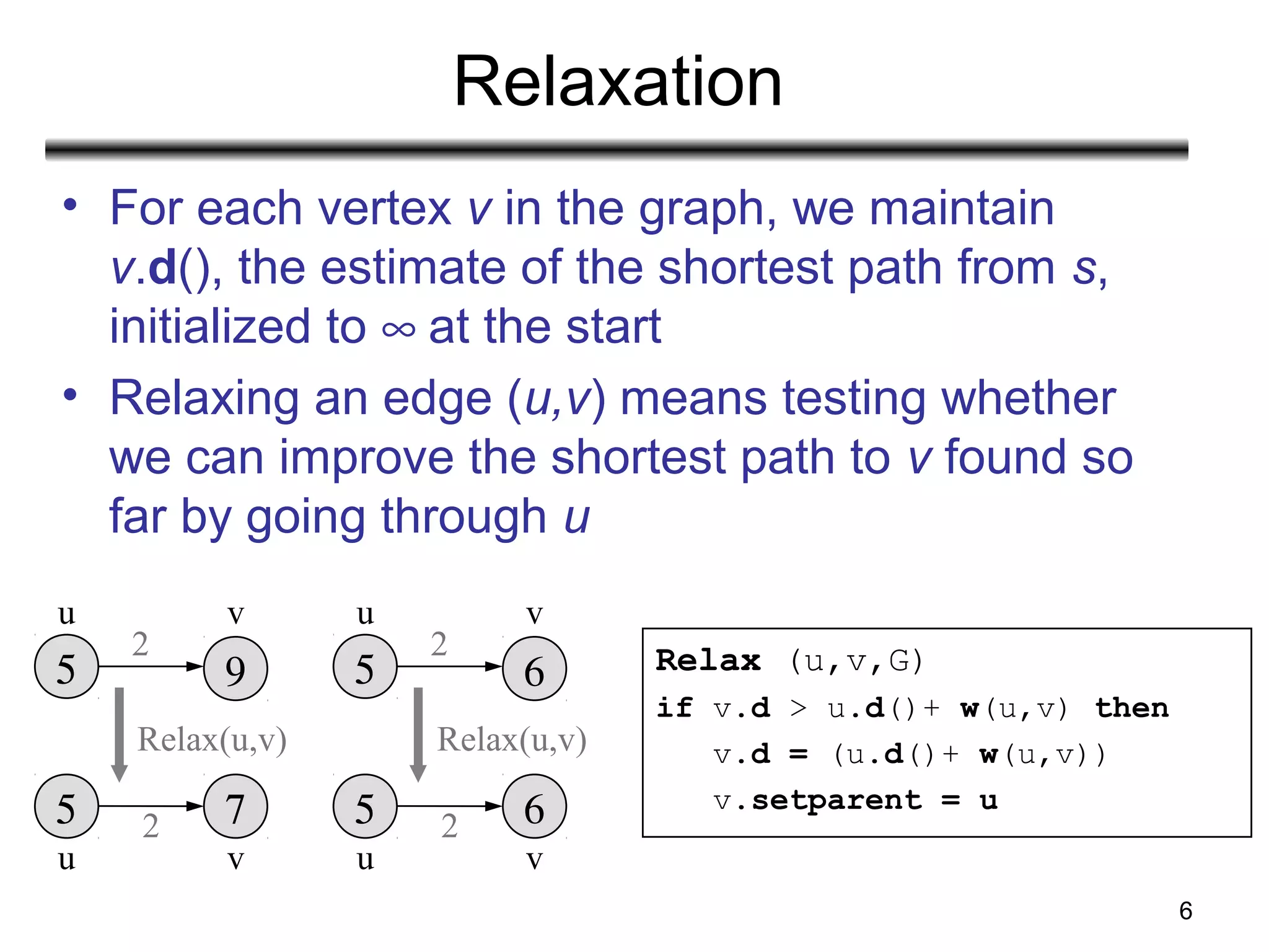 6
Relaxation
• For each vertex v in the graph, we maintain
v.d(), the estimate of the shortest path from s,
initialized to ∞ at the start
• Relaxing an edge (u,v) means testing whether
we can improve the shortest path to v found so
far by going through u
5
u v
vu
2
2
9
5 7
Relax(u,v)
5
u v
vu
2
2
6
5 6
Relax(u,v)
Relax (u,v,G)
if v.d > u.d()+ w(u,v) then
v.d = (u.d()+ w(u,v))
v.setparent = u
 