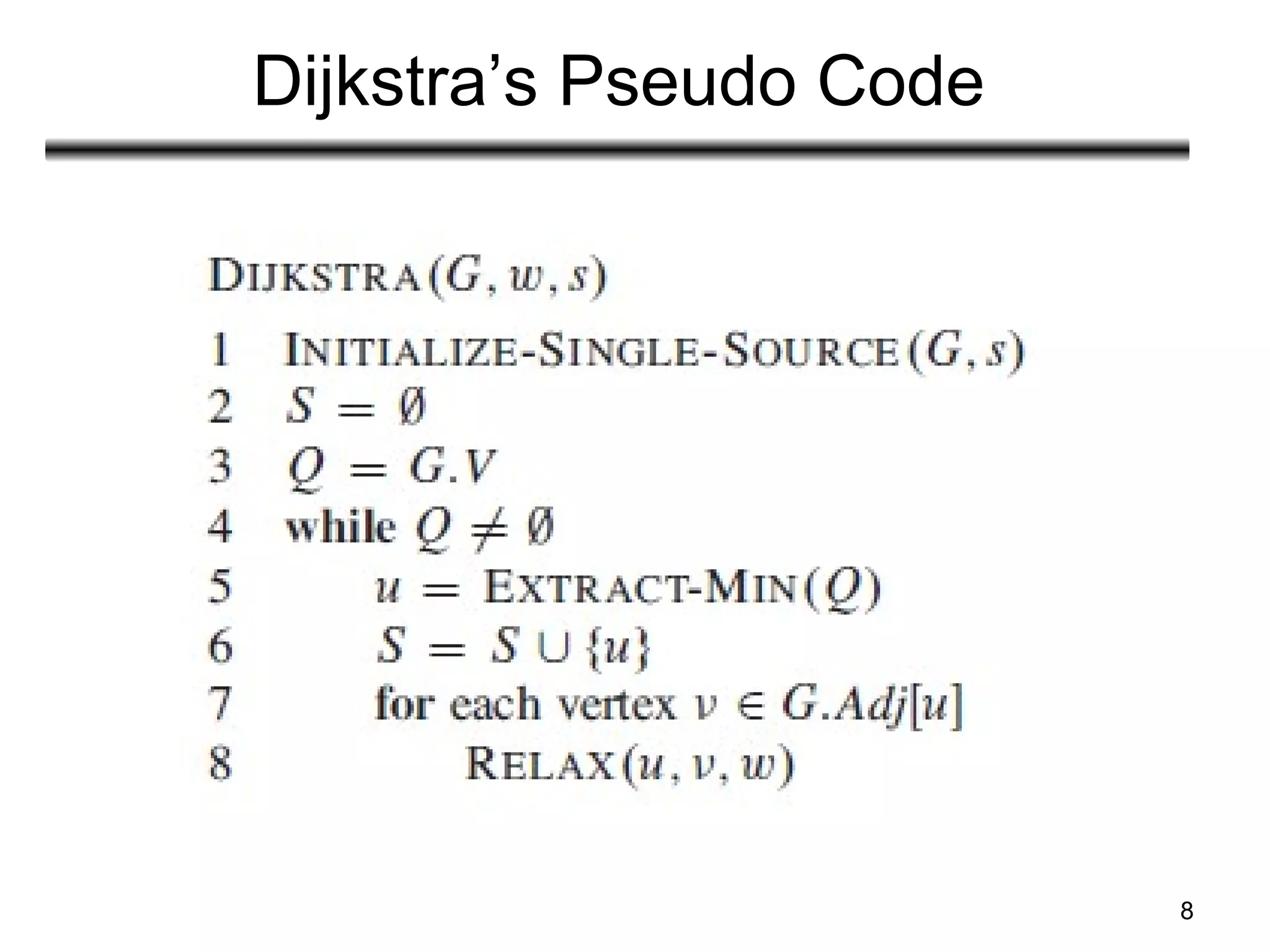 8
Dijkstra’s Pseudo Code
 