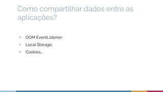 Como compartilhar dados entre as
aplicações?
▷ DOM EventListener;
▷ Local Storage;
▷ Cookies...
 