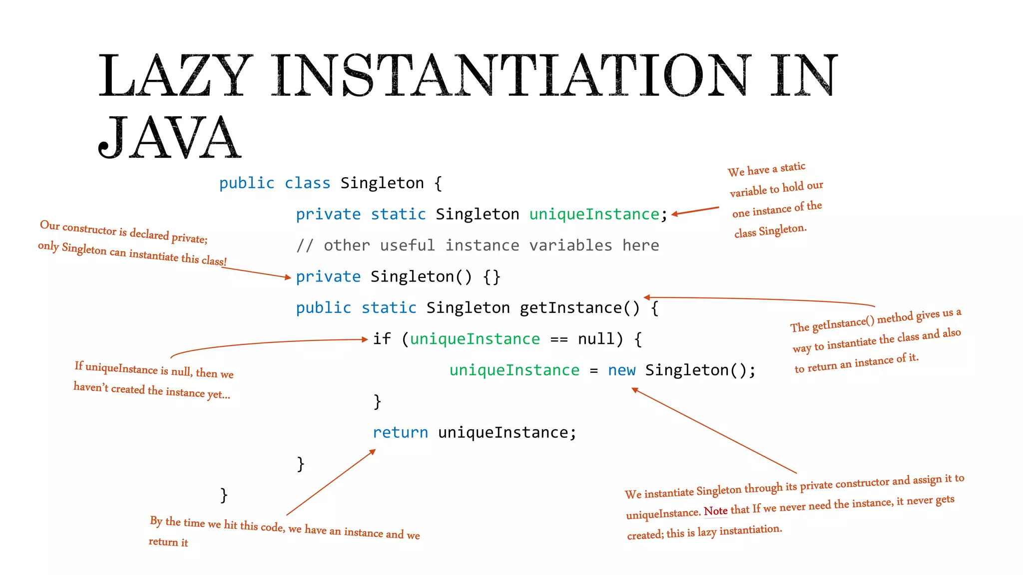 public class Singleton {
private static Singleton uniqueInstance;
// other useful instance variables here
private Singleton() {}
public static Singleton getInstance() {
if (uniqueInstance == null) {
uniqueInstance = new Singleton();
}
return uniqueInstance;
}
}
 