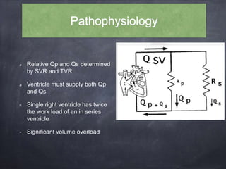 Pathophysiology
Relative Qp and Qs determined
by SVR and TVR
Ventricle must supply both Qp
and Qs
- Single right ventricle has twice
the work load of an in series
ventricle
- Significant volume overload
 