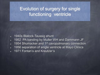 Evolution of surgery for single
functioning ventricle
1940s Blalock-Taussig shunt
1952 PA banding by Muller WH and Dammann JF
1954 Shumacker and 1st cavopulmonary connection
1956 separation of single ventricle at Mayo Clinics
1971 Fontan’s and Kreutzer’s
 