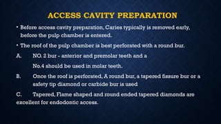 ACCESS CAVITY PREPARATION
• Before access cavity preparation, Caries typically is removed early,
before the pulp chamber is entered.
• The roof of the pulp chamber is best perforated with a round bur.
A. NO. 2 bur - anterior and premolar teeth and a
No.4 should be used in molar teeth.
B. Once the roof is perforated, A round bur, a tapered fissure bur or a
safety tip diamond or carbide bur is used
C. Tapered, Flame shaped and round ended tapered diamonds are
excellent for endodontic access.
 