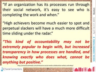 SOCIALCONNECTIONS8April16-17,2015Boston
15
Thank
You!
“If an organization has its processes run through
their social network, it’s easy to see who is
completing the work and when.“
“High achievers become much easier to spot and
perpetual slackers will have a much more difficult
time sliding under the radar.“
“This kind of accountability may not be
extremely popular to begin with, but increased
transparency in how processes are handled, and
knowing exactly who does what, cannot be
anything but positive.”
http://smartsocialmedia.com/enterprise-social-media-collaboration-whats-and-whys/
 