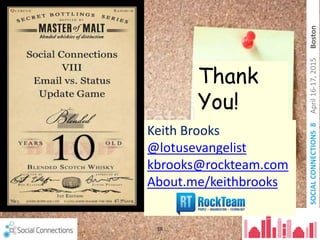 SOCIALCONNECTIONS8April16-17,2015Boston
18
Thank
You!
Keith Brooks
@lotusevangelist
kbrooks@rockteam.com
About.me/keithbrooks
 