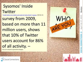 SOCIALCONNECTIONS8April16-17,2015Boston
Sysomos' Inside
Twitter("Inside Twitter: An In-depth Look Inside the Twitter World". Sysomos. 2009-06-10)
survey from 2009,
based on more than 11
million users, shows
that 10% of Twitter
users account for 86%
of all activity. –https://en.wikipedia.org/wiki/Microblogging
8
 