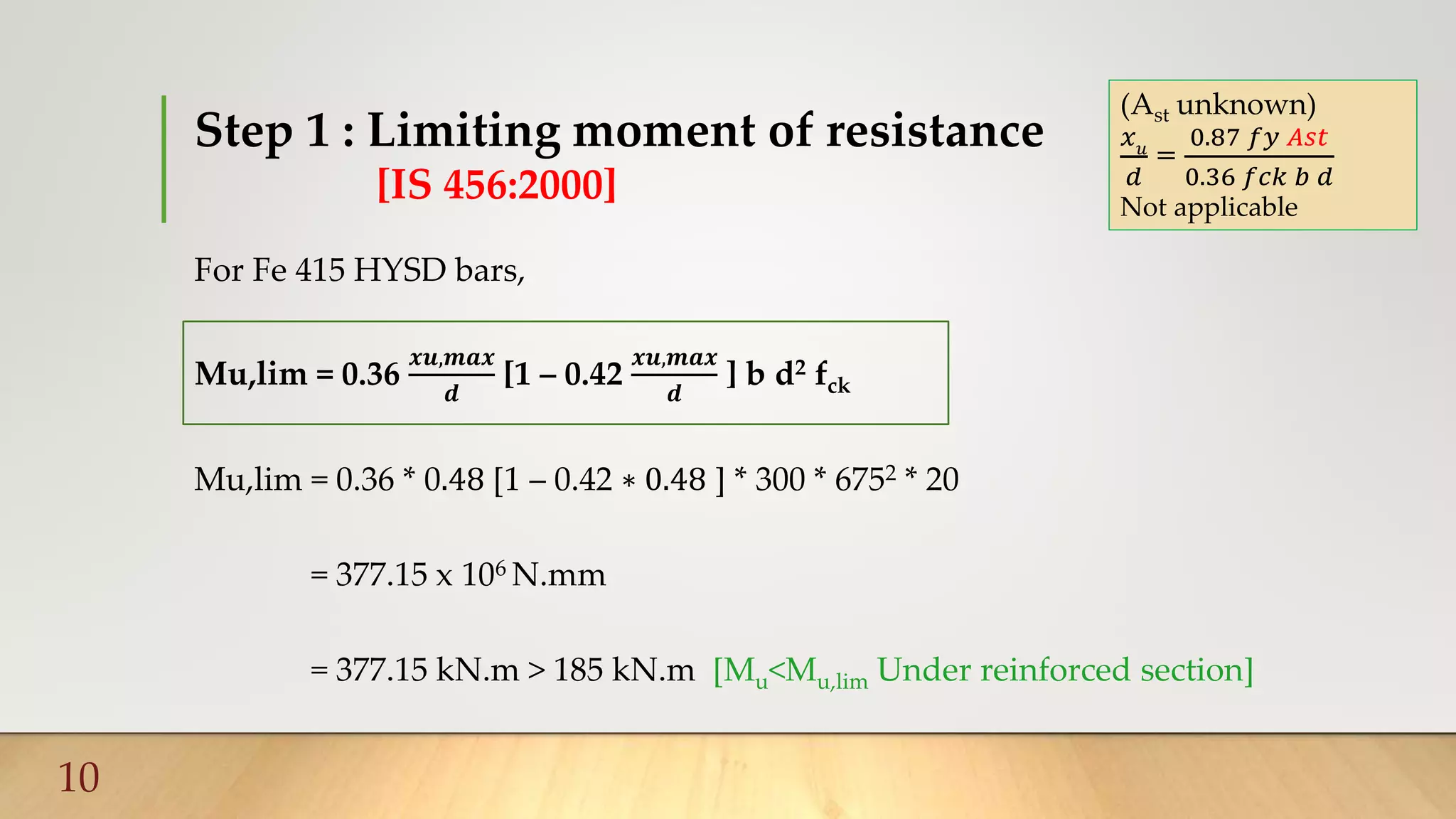 Step 1 : Limiting moment of resistance
[IS 456:2000]
10
For Fe 415 HYSD bars,
Mu,lim = 0.36
𝒙𝒖,𝒎𝒂𝒙
𝒅
[1 – 0.42
𝒙𝒖,𝒎𝒂𝒙
𝒅
] b d2 fck
Mu,lim = 0.36 * 0.48 [1 – 0.42 ∗ 0.48 ] * 300 * 6752 * 20
= 377.15 x 106 N.mm
= 377.15 kN.m > 185 kN.m [Mu<Mu,lim Under reinforced section]
(Ast unknown)
𝑥 𝑢
𝑑
=
0.87 𝑓𝑦 𝐴𝑠𝑡
0.36 𝑓𝑐𝑘 𝑏 𝑑
Not applicable
 