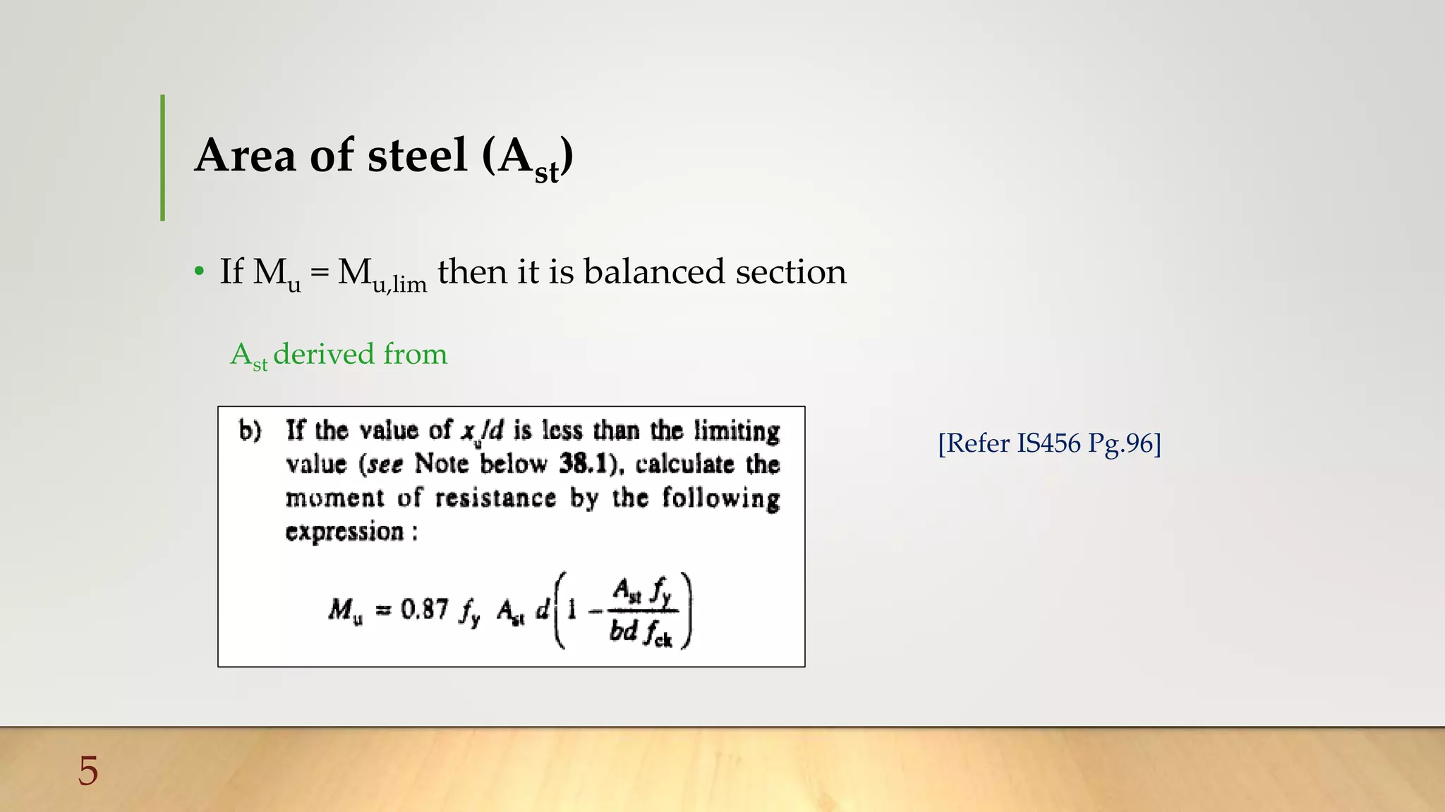Area of steel (Ast)
• If Mu = Mu,lim then it is balanced section
5
[Refer IS456 Pg.96]
Ast derived from
 