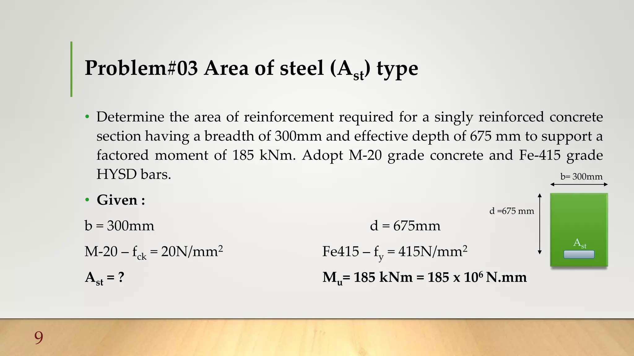 Problem#03 Area of steel (Ast) type
• Determine the area of reinforcement required for a singly reinforced concrete
section having a breadth of 300mm and effective depth of 675 mm to support a
factored moment of 185 kNm. Adopt M-20 grade concrete and Fe-415 grade
HYSD bars.
• Given :
b = 300mm d = 675mm
M-20 – fck = 20N/mm2 Fe415 – fy = 415N/mm2
Ast = ? Mu= 185 kNm = 185 x 106 N.mm
9
b= 300mm
d =675 mm
Ast
 