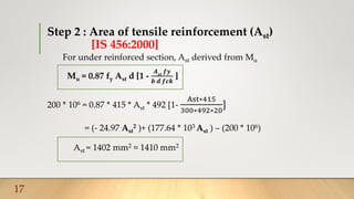Step 2 : Area of tensile reinforcement (Ast)
[IS 456:2000]
For under reinforced section, Ast derived from Mu
Mu = 0.87 fy Ast d [1 -
𝑨 𝒔𝒕
𝒇𝒚
𝒃 𝒅 𝒇𝒄𝒌
]
200 * 106 = 0.87 * 415 * Ast * 492 [1-
Ast∗415
300∗492∗20
]
= (- 24.97 Ast
2 )+ (177.64 * 103 Ast ) – (200 * 106)
Ast = 1402 mm2 ≈ 1410 mm2
17
 