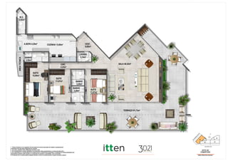 N
APTO 301
COBERTURA
ÁREA PRIVATIVA:245,59m²
SUÍTE
15,00m²
TERRAÇO 91,73m²
SALA 48,52m²
BANHO
3,20m²
COZINHA 15,60m²
CIRC.
4,24m²
LAVABO
2,14m²
ÁREATÉCNICA
W.C.
2,82m²
A.SERV.4,20m² VEST.
8,65m²
BANHO
3,20m²
BANHO
3,52m²
SUÍTE
11,07m²
SUÍTE
11,07m²
01
02 03
RU
A
FERN
AN
DO
M
ATTO
S
1- Planta ilustrativa com sugestão de decoração.Os móveis bancadas de madeira, equipamentos
e divisórias não são parte integrante do contrato.
2- As cotas poderão sofrer alterações durante a obra.
3- Os revestimentos a serem utilizados na construção estão especificados no memorial descritivo.
4- Os evaporadores e condensadores do sistema de ar condicionado (aquisição e instalação de responsabilidade dos
adquirentes) poderão sofrer ajustes ou mudançãs de posição e quantidade, caso necessário.
5- O sistema de ar condicionado projetado atende a única e exclusivamente à opção de planta original.
04
RUA PEDRO LAGO
 