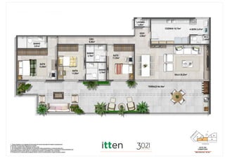 N
APTO 302
COBERTURA
ÁREA PRIVATIVA: 180,78m²
SUÍTE
13,49m²
TERRAÇO 64,18m²
SALA 30,22m²
COZINHA 10,73m²
CIRC.
6,48m²
LAVABO
1,28m²
W.C.
1,80m²
A.SERV.3,47m²
VEST.
2,96m²
BANHO
3,78m²
BANHO
3,81m²
SUÍTE
11,55m²
SUÍTE
11,55m²
BANHO
3,78m²
01
02 03
RU
A
FERN
AN
DO
M
ATTO
S
1- Planta ilustrativa com sugestão de decoração.Os móveis bancadas de madeira, equipamentos
e divisórias não são parte integrante do contrato.
2- As cotas poderão sofrer alterações durante a obra.
3- Os revestimentos a serem utilizados na construção estão especificados no memorial descritivo.
4- Os evaporadores e condensadores do sistema de ar condicionado (aquisição e instalação de responsabilidade dos
adquirentes) poderão sofrer ajustes ou mudançãs de posição e quantidade, caso necessário.
5- O sistema de ar condicionado projetado atende a única e exclusivamente à opção de planta original.
04
RUA PEDRO LAGO
 