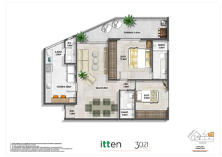 N
APTO 304
COBERTURA
ÁREA PRIVATIVA:85,80m²
SUÍTE
9,08m²
VARANDA 11,61m²
SALA 21,09m²
COZINHA 8,88m²
CIRC.
1,08m²
W.C.
1,90m²
A.SERV.
2,66m²
VEST.
1,20m²
BANHO
4,25m²
SUÍTE
12,58m²
BANHO
3,00m²
01
02 03
RU
A
FERN
AN
DO
M
ATTO
S
1- Planta ilustrativa com sugestão de decoração.Os móveis bancadas de madeira, equipamentos
e divisórias não são parte integrante do contrato.
2- As cotas poderão sofrer alterações durante a obra.
3- Os revestimentos a serem utilizados na construção estão especificados no memorial descritivo.
4- Os evaporadores e condensadores do sistema de ar condicionado (aquisição e instalação de responsabilidade dos
adquirentes) poderão sofrer ajustes ou mudançãs de posição e quantidade, caso necessário.
5- O sistema de ar condicionado projetado atende a única e exclusivamente à opção de planta original.
04
RUA PEDRO LAGO
 