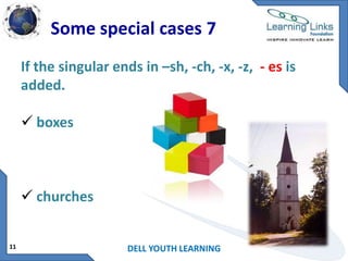 Some special cases 7
If the singular ends in –sh, -ch, -x, -z, - es is
added.
 boxes

 churches
11

DELL YOUTH LEARNING

 