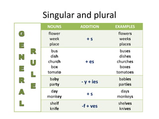 Singular and plural
NOUNS ADDITION EXAMPLES
flower
week
place
+ s
flowers
weeks
places
bus
dish
church
box
tomato
+ es
buses
dishes
churches
boxes
tomatoes
baby
party
- y + ies
babies
parties
day
monkey
+ s
days
monkeys
shelf
knife
-f + ves
shelves
knives
 