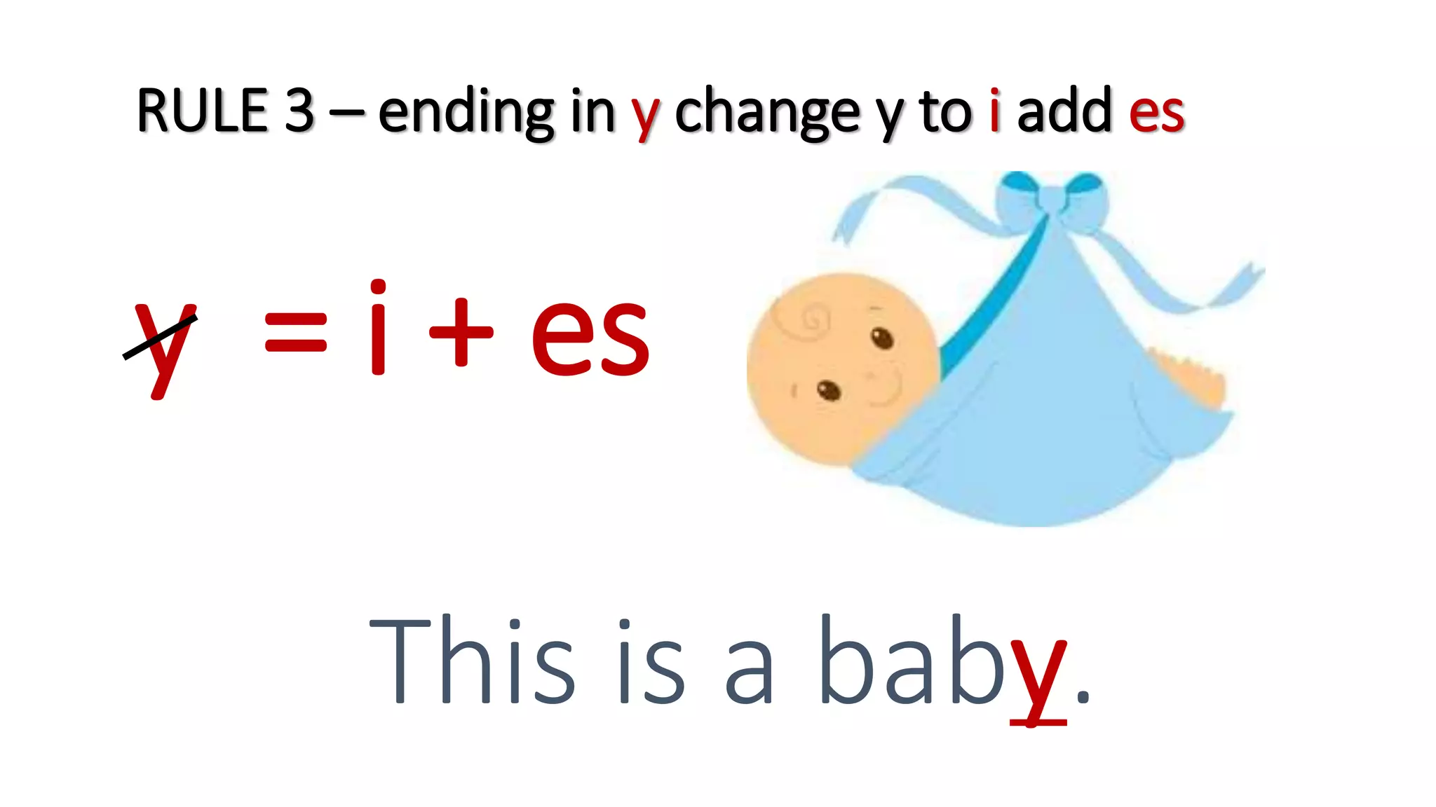 RULE 3 – ending in y change y to i add es
This is a baby.
y = i + es