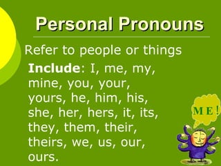 Personal Pronouns   Refer to people or things  ME! Include : I, me, my, mine, you, your, yours, he, him, his, she, her, hers, it, its, they, them, their, theirs, we, us, our, ours.   