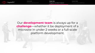 Initial web launch
PHASE ONE
Digital transformation
PHASE TWO
Future possibilities
PHASE THREE
Our development team is always up for a
challenge—whether it be deployment of a
microsite in under 2 weeks or a full-scale
platform development.
 